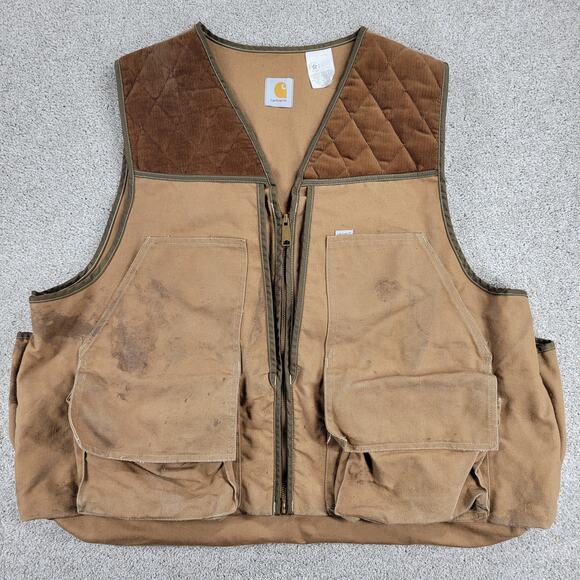 VINTAGE Carhartt Men's Duck Hunting Vest 2XL Brown V Neck Pockets Zip Outdoor - Picture 2 of 16